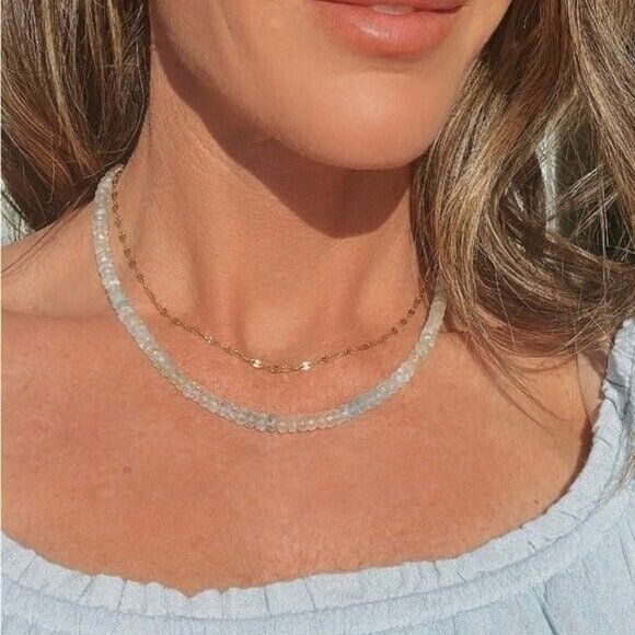 Ombre Aquamarine Beaded Necklace Genuine Gemstone Waterproof Gold Adjustable - Picture 9 of 12